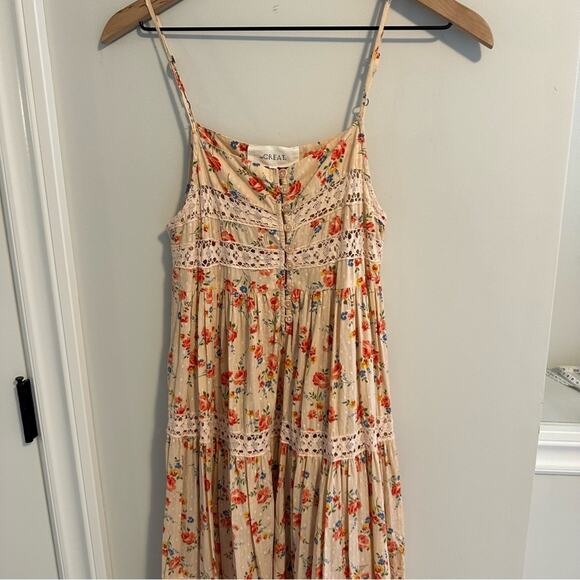 THE GREAT. Cream Red Cotton Floral Lace Tiered Maxi Dress 0 Small - Picture 12 of 12